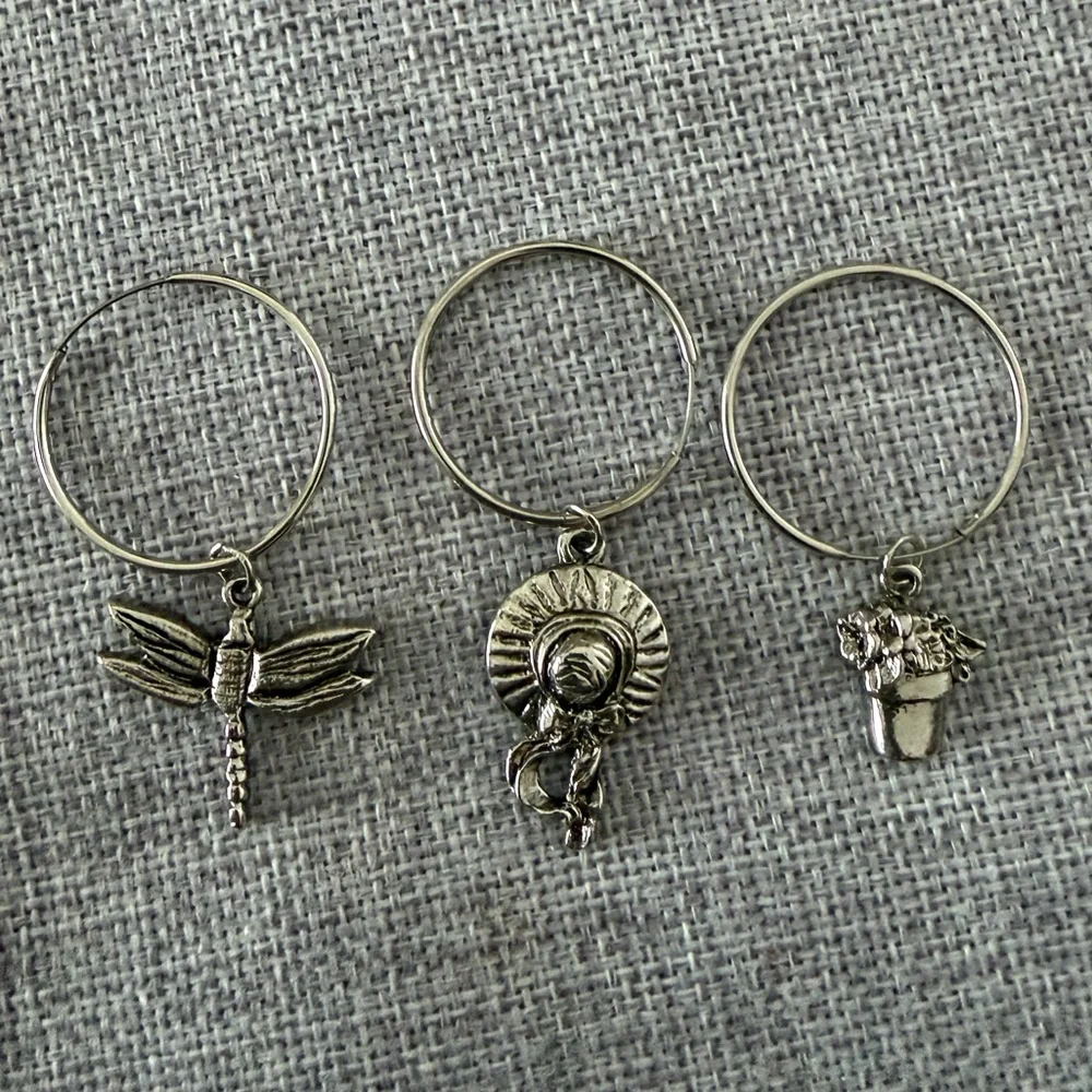 Garden-Themed Wine Glass Charms Set of 3 | Dragonfly /Hat / Flower Pot